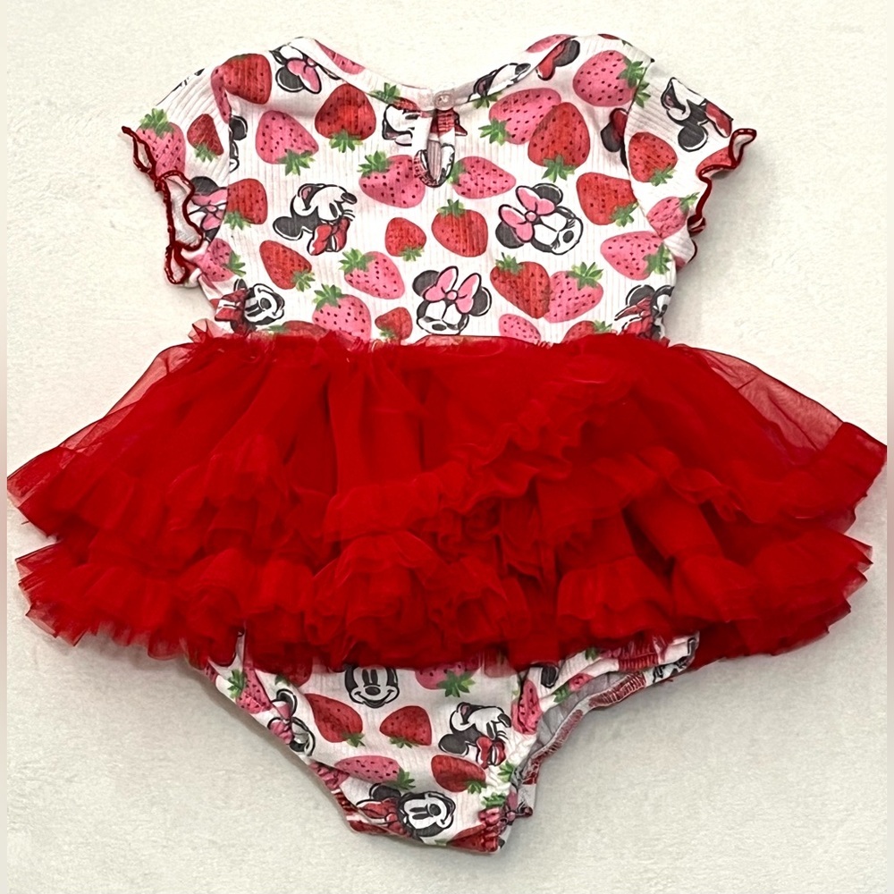 Disney Baby Minnie Mouse White & Pink Knit Fabric Outfit w Red Tulle Skirt Dress - Picture 9 of 13